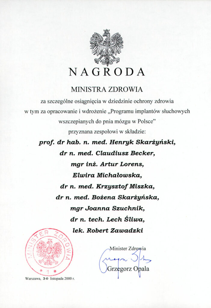 Nagroda zespołowa I stopnia Ministra Zdrowia – 2000 r.