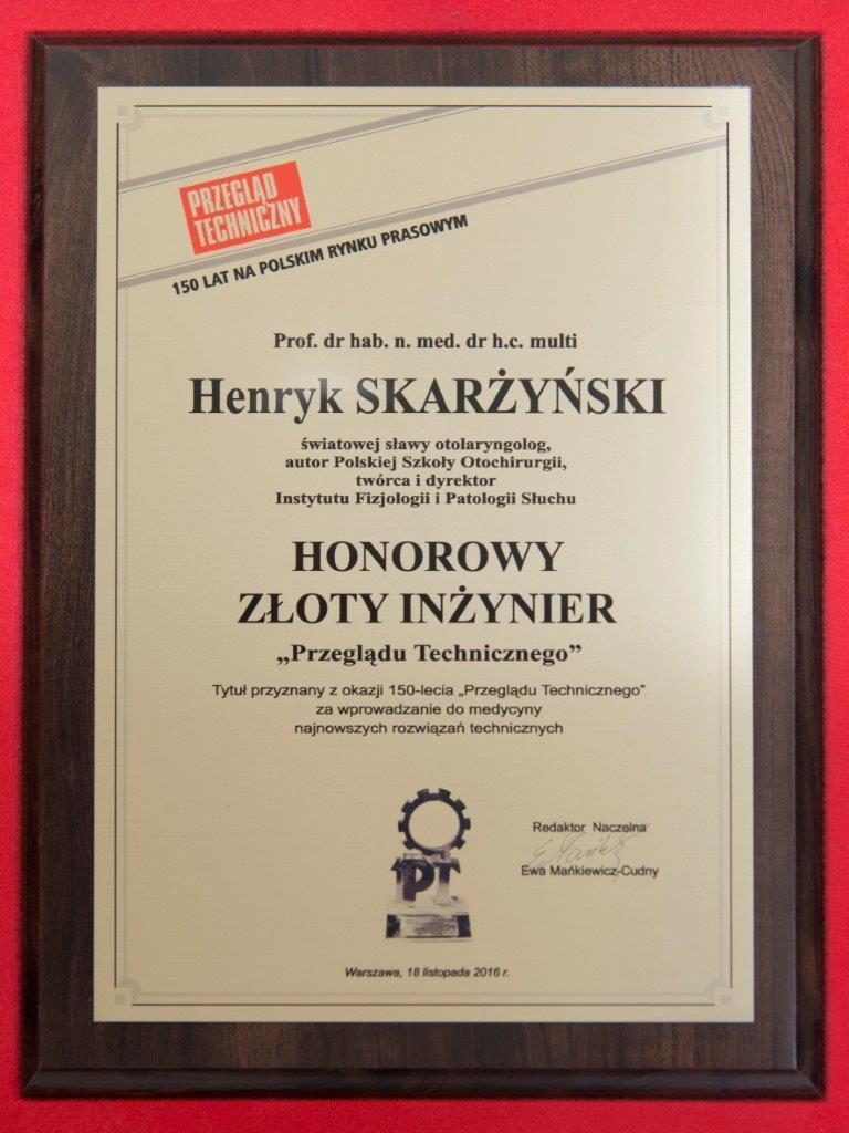 Prof. Henryk Skarżyński Honorowym Złotym Inżynierem