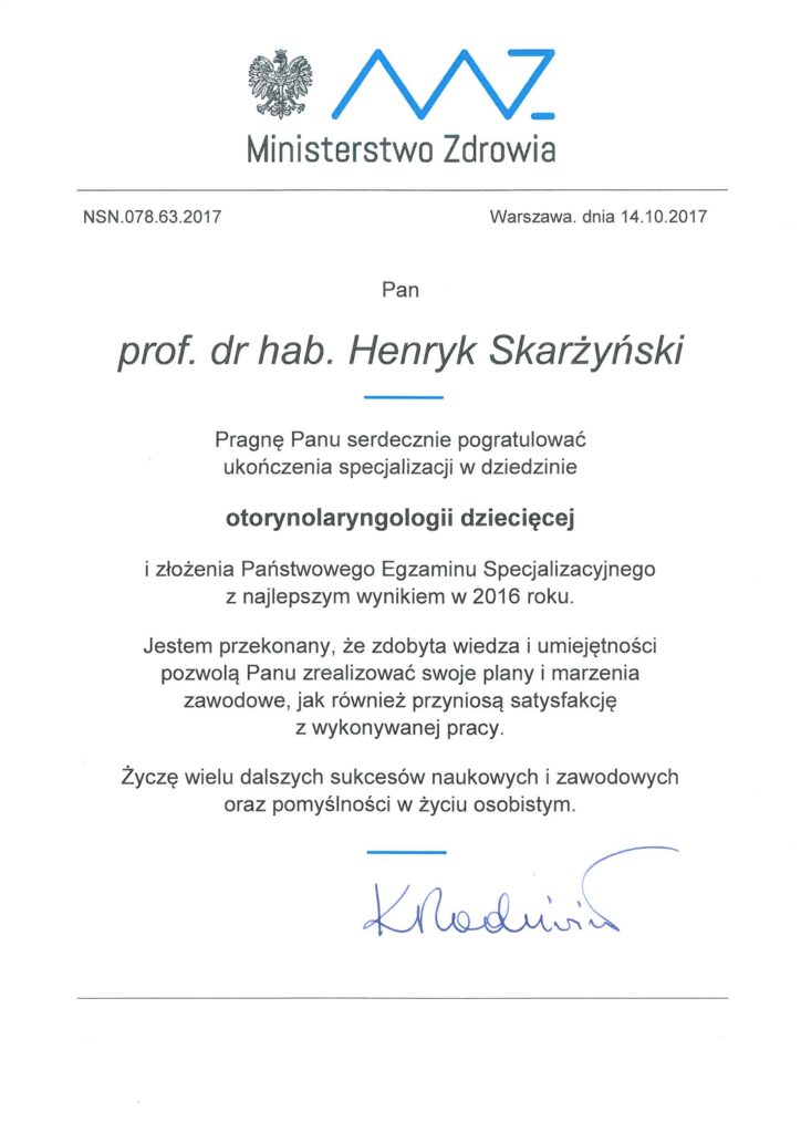 Le Professeur Henryk Skarżyński et le Docteur Maciej Mrówka honorés par le Ministre  de la Santé