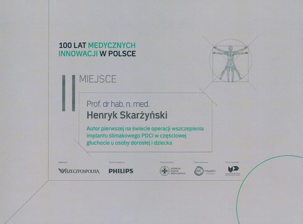 Prof. Henryk Skarżyński won honourable second place in the “100 years of medical innovations in Poland” contest held by “Rzeczpospolita” daily